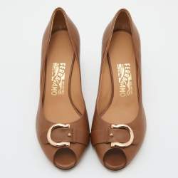 Pre Owned Salvatore Ferragamo Brown Leather Gancio Bit Peep Toe Pumps Size 38.5