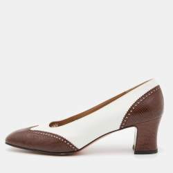 Pre Owned Salvatore Ferragamo Brown/White Embossed Lizard and Leather Pumps Size 39