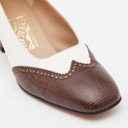 Pre Owned Salvatore Ferragamo Brown/White Embossed Lizard and Leather Pumps Size 39
