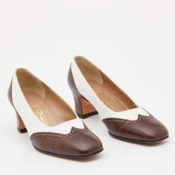 Pre Owned Salvatore Ferragamo Brown/White Embossed Lizard and Leather Pumps Size 39