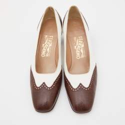 Pre Owned Salvatore Ferragamo Brown/White Embossed Lizard and Leather Pumps Size 39