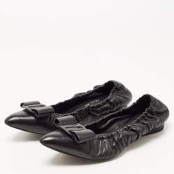 Pre Owned Salvatore Ferragamo Black Leather Vara Bow Scrunch Ballet Flats Size 38