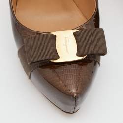 Pre Owned Salvatore Ferragamo Brown Patent Leather Vara Bow Pumps Size 38