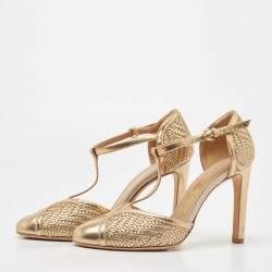 Pre Owned Salvatore Ferragamo Gold Woven Leather Emanuela Pumps Size 38