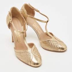 Pre Owned Salvatore Ferragamo Gold Woven Leather Emanuela Pumps Size 38