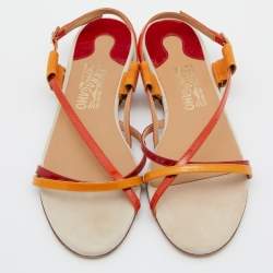 Pre Owned Salvatore Ferragamo Multicolor Patent Leather Strappy Slingback Flat Sandals Size 38.5