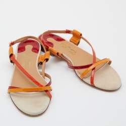 Pre Owned Salvatore Ferragamo Multicolor Patent Leather Strappy Slingback Flat Sandals Size 38.5
