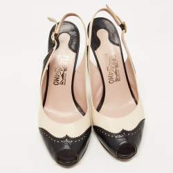 مملوكة مسبقًا Salvatore Ferragamo Black/Off White Brogue Leather Peep Toe Slingback Pumps Size 40