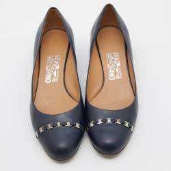 Pre Owned Salvatore Ferragamo Blue Leather Block Heel Pumps Size 39