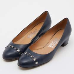 Pre Owned Salvatore Ferragamo Blue Leather Block Heel Pumps Size 39
