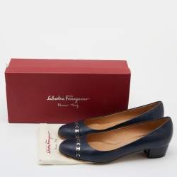 Pre Owned Salvatore Ferragamo Blue Leather Block Heel Pumps Size 39