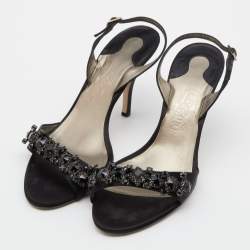 Salvatore Ferragamo Black Satin Crystal Embellished Ankle Strap Sandals Size 40