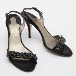 Salvatore Ferragamo Black Satin Crystal Embellished Ankle Strap Sandals Size 40