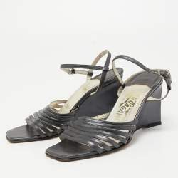 Salvatore Ferragamo Grey Leather Strappy Wedge Sandals Size 36.5 