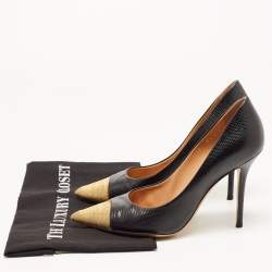 Pre Owned Salvatore Ferragamo Black Textured Leather Chainlink Cap Toe Pumps Size 39