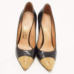 Pre Owned Salvatore Ferragamo Black Textured Leather Chainlink Cap Toe Pumps Size 39