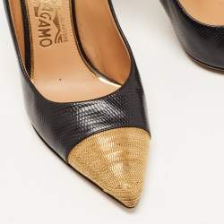 Pre Owned Salvatore Ferragamo Black Textured Leather Chainlink Cap Toe Pumps Size 39