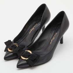 Pre Owned حذاء كعب عالي سالفاتوري فيراغامو جلد لامع أسود فيونكة فارا مقاس 37