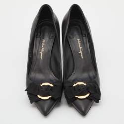 Pre Owned حذاء كعب عالي سالفاتوري فيراغامو جلد لامع أسود فيونكة فارا مقاس 37