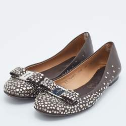 Pre Owned Salvatore Ferragamo Brown Studded Leather Vara Bow Ballet Flats Size 37