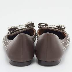 Pre Owned Salvatore Ferragamo Brown Studded Leather Vara Bow Ballet Flats Size 37