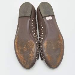 Pre Owned Salvatore Ferragamo Brown Studded Leather Vara Bow Ballet Flats Size 37