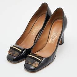 Pre Owned Salvatore Ferragamo Black Patent Leather Block Heel Pumps Size 37.5