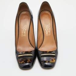 Pre Owned Salvatore Ferragamo Black Patent Leather Block Heel Pumps Size 37.5
