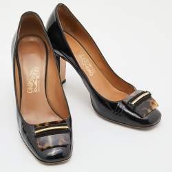 Pre Owned Salvatore Ferragamo Black Patent Leather Block Heel Pumps Size 37.5