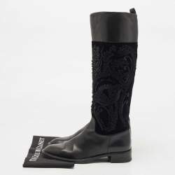 Pre Owned Salvatore Ferragamo Black Leather and Velvet Knee Length Boots Size 38