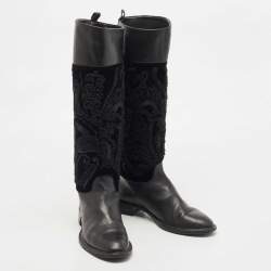 Pre Owned Salvatore Ferragamo Black Leather and Velvet Knee Length Boots Size 38
