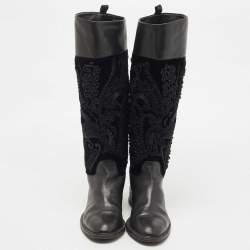 Pre Owned Salvatore Ferragamo Black Leather and Velvet Knee Length Boots Size 38
