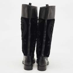 Pre Owned Salvatore Ferragamo Black Leather and Velvet Knee Length Boots Size 38
