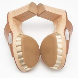 Pre Owned Salvatore Ferragamo Brown Leather Criss Cross Block Heel Clog Slides Size 37.5