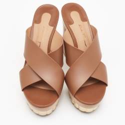 Pre Owned Salvatore Ferragamo Brown Leather Criss Cross Block Heel Clog Slides Size 37.5