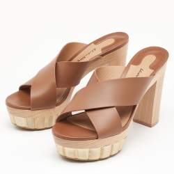 Pre Owned Salvatore Ferragamo Brown Leather Criss Cross Block Heel Clog Slides Size 37.5