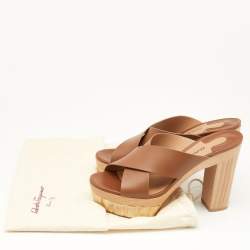 Pre Owned Salvatore Ferragamo Brown Leather Criss Cross Block Heel Clog Slides Size 37.5