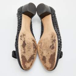 Pre Owned Salvatore Ferragamo Woven Black Leather Vara Bow Pumps Size 39.5