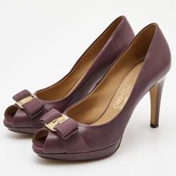 Pre Owned Salvatore Ferragamo Purple Leather Vara Bow Peep Toe Platform Pumps Size 37