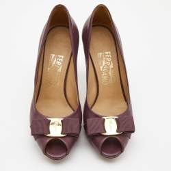 Pre Owned Salvatore Ferragamo Purple Leather Vara Bow Peep Toe Platform Pumps Size 37