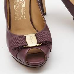 Pre Owned Salvatore Ferragamo Purple Leather Vara Bow Peep Toe Platform Pumps Size 37