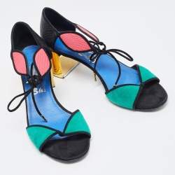 Salvatore Ferragamo Tricolor Suede and Lizard Ankle Tie Sandals Size 37