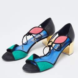 Salvatore Ferragamo Tricolor Suede and Lizard Ankle Tie Sandals Size 37