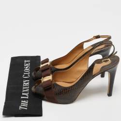Pre Owned Salvatore Ferragamo Brown Python  Leather Vara Bow Slingback  Pumps Size 39.5