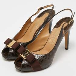 Pre Owned Salvatore Ferragamo Brown Python  Leather Vara Bow Slingback  Pumps Size 39.5