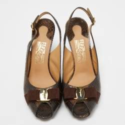 Pre Owned Salvatore Ferragamo Brown Python  Leather Vara Bow Slingback  Pumps Size 39.5