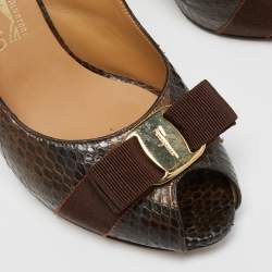 Pre Owned Salvatore Ferragamo Brown Python  Leather Vara Bow Slingback  Pumps Size 39.5