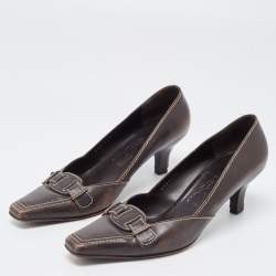 Salvatore Ferragamo Brown Leather Square Toe Pumps Size 38