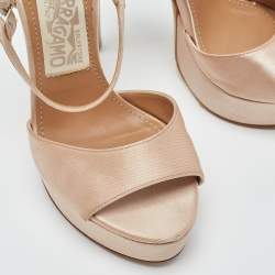 Pre Owned Salvatore Ferragamo Beige Satin Ankle Strap Platform Sandals Size 35