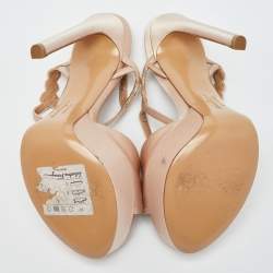 Pre Owned Salvatore Ferragamo Beige Satin Ankle Strap Platform Sandals Size 35